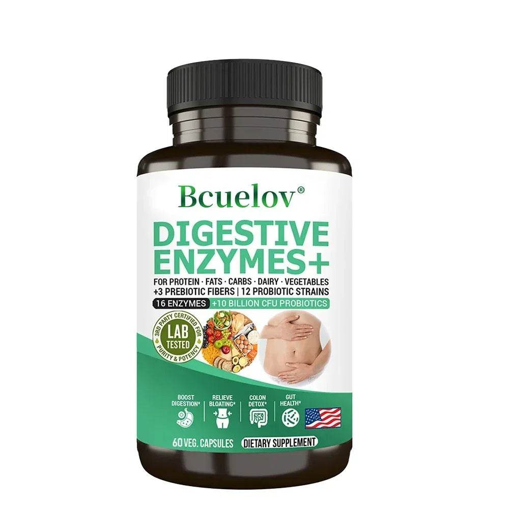 Digestive Enzyme Supplement - 3 Prebiotics, 12 Probiotics, 10 Billion CFU - Digestion, Nutrient Absorption, Colon Detoxification