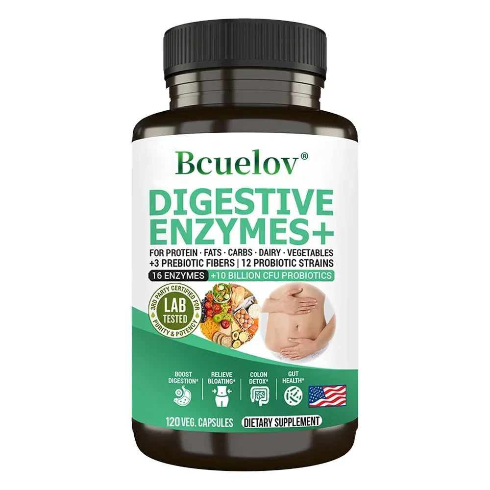 Digestive Enzyme Supplement - 3 Prebiotics, 12 Probiotics, 10 Billion CFU - Digestion, Nutrient Absorption, Colon Detoxification