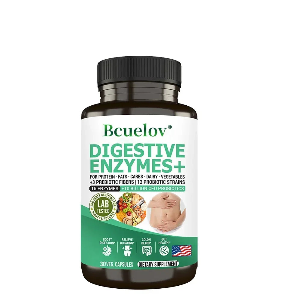 Digestive Enzyme Supplement - 3 Prebiotics, 12 Probiotics, 10 Billion CFU - Digestion, Nutrient Absorption, Colon Detoxification
